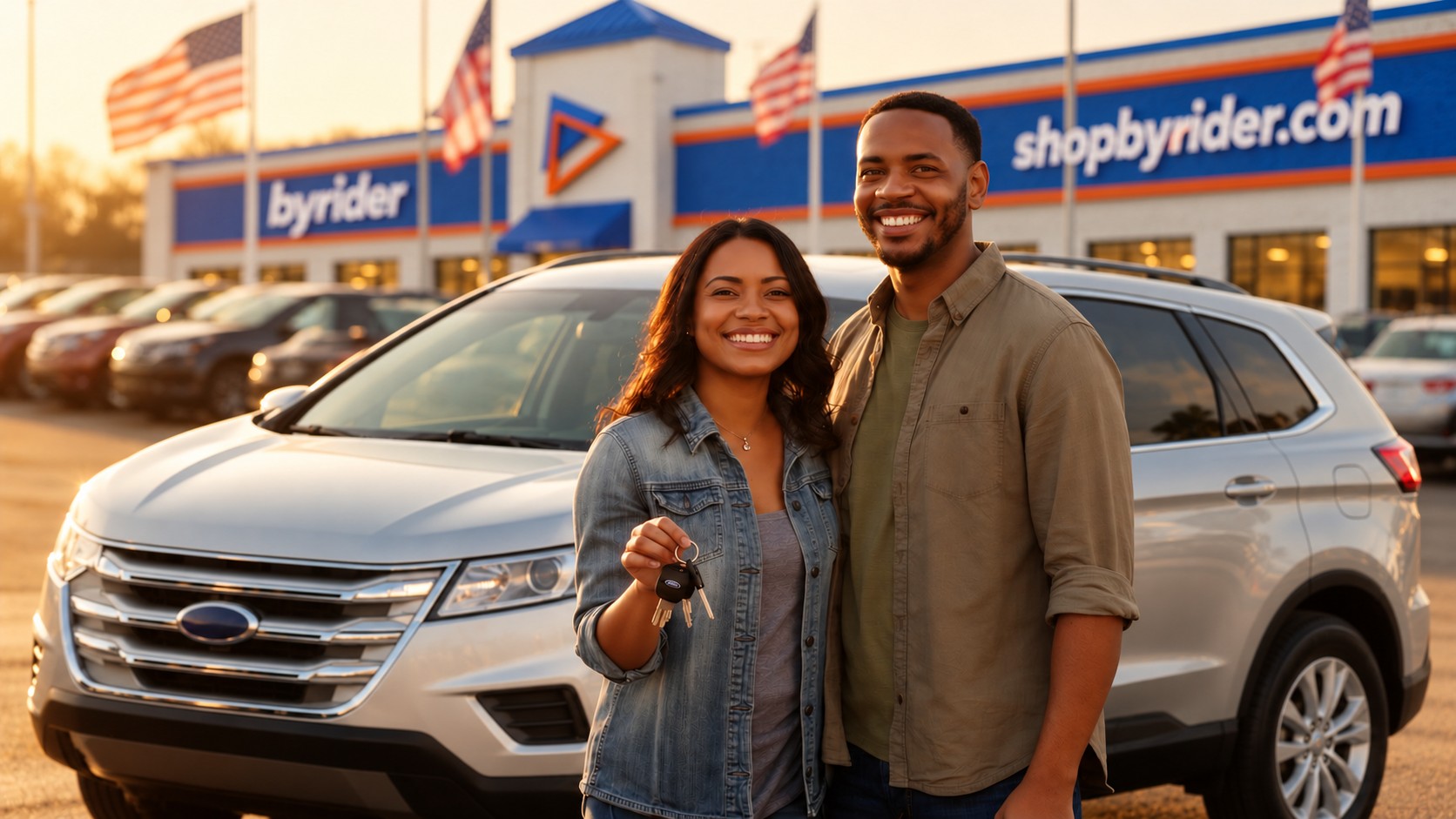 Happy Byrider customers with their Ford SUV at an Ohio dealership