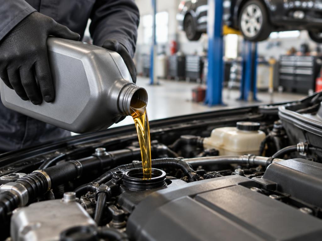 Technician pouring fresh engine oil during an oil change at a Byrider service department